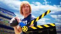 Glen Powell as Chad Powers with clapperboard and football field background.