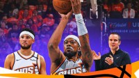 Phoenix Suns guard Jordan Goodwin smiling while shooting a basketball that is on fire. Also, Suns head coach Jordan Ott is to Goodwin's right, and Devin Booker is to his left. There's a background of the Suns home arena as well.