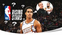 Phoenix Suns center Oso Ighodaro smiling with the NBA Rising Stars logo in the background, and question mark surrounding the logo. Ighodaro also has a thought bubble of Suns head coach Jordan Ott and Suns forward Dillon Brooks.
