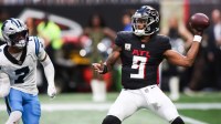Atlanta Falcons quarterback Michael Penix Jr. (9) throws the ball in the third quarter against the Carolina Panthers at Mercedes-Benz Stadium.