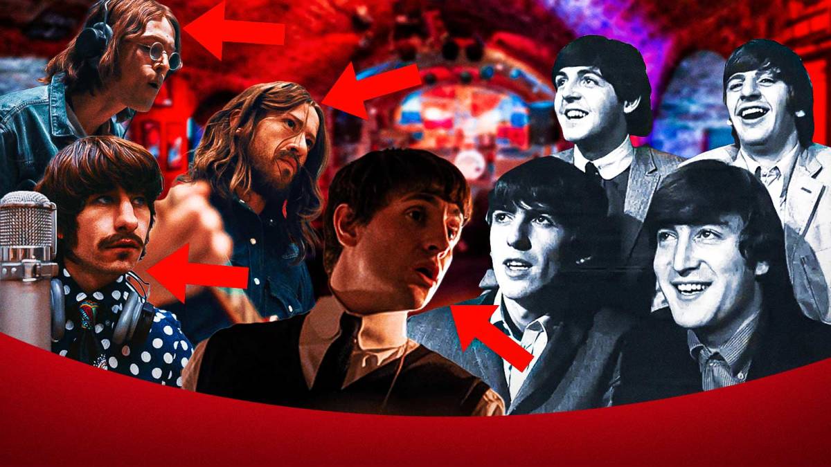 Harris Dickinson, Barry Keoghan, Joseph Quinn, and Paul Mescal in the Beatles biopics as Paul McCartney, John Lennon, George Harrison, and Ringo Starr with Cavern Club background.