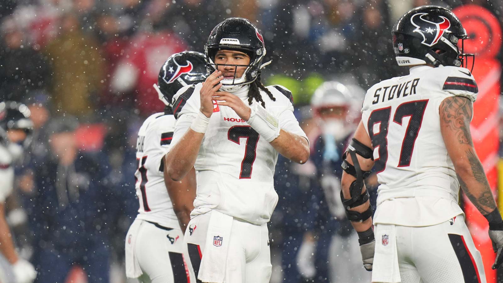 Houston Texans quarterback C.J. Stroud (7) calls for a time out in the fourth quarter against the New England Patriots in an AFC Divisional Round game at Gillette Stadium.