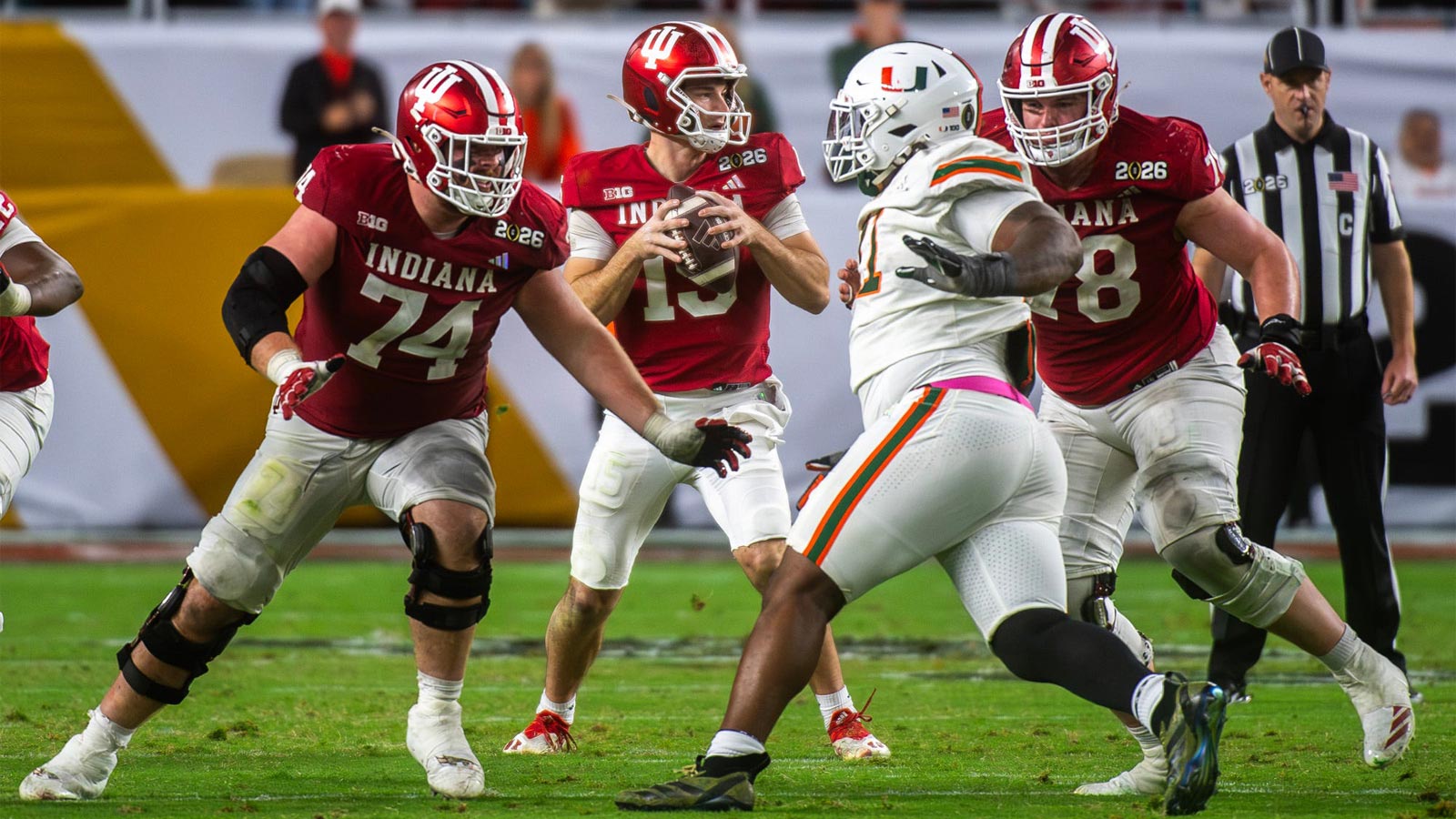 Indiana's Fernando Mendoza (15) looks downfield during the College Football Playoff National Championship college football game at Hard Rock Stadium in Miami Gardens on Monday, Jan. 19, 2026.