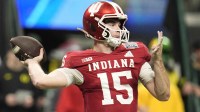 Indiana Hoosiers quarterback Fernando Mendoza (15) throws a pass against the Oregon Ducks during the third quarter of the 2025 Peach Bowl and semifinal game of the College Football Playoff at Mercedes-Benz Stadium. Mandatory Credit: Dale Zanine-Imagn Images