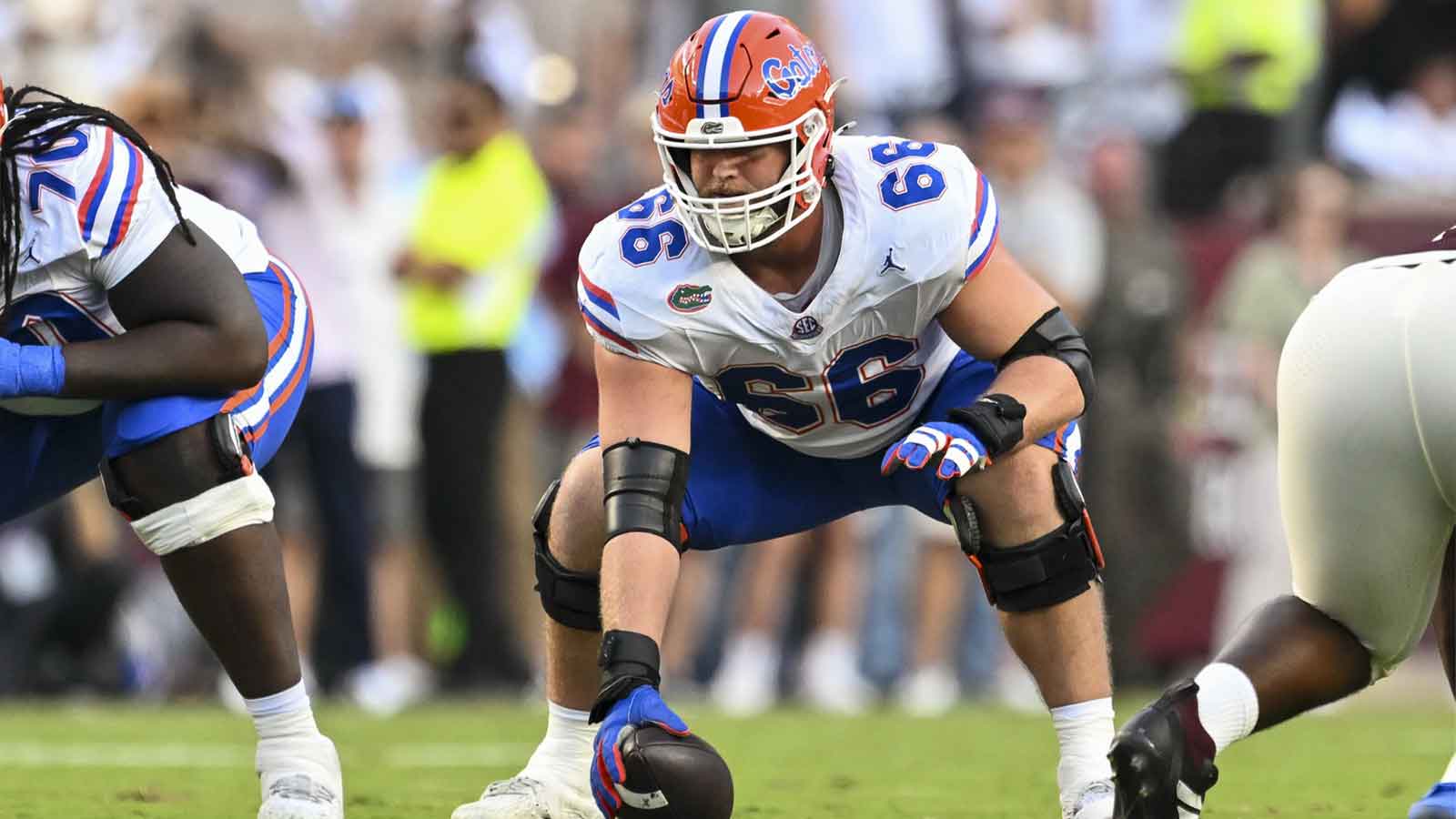 Florida Gators offensive lineman Jake Slaughter (66) sets the ball during the first half against the Texas A&M Aggies at Kyle Field.