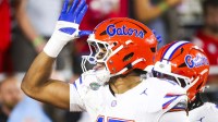 Florida Gators defensive lineman Jayden Woods (15) celebrates following an interception against the Mississippi Rebels during the first quarter at Vaught-Hemingway Stadium.