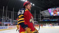 Florida Panthers left wing Brad Marchand (63) warms up prior to the 2026 Winter Classic ice hockey game against the New York Rangers at loanDepot Park.