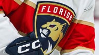 View of a Florida Panthers logo on a jersey worn by a member of the team at Bell Centre.