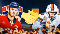 Matthew Tkachuk on the left with Florida Panthers logo behind him. Carson Beck on the right with University of Miami logo behind him. Hand-shake emjoi in between them.