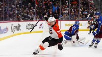 Philadelphia Flyers right wing Owen Tippett (74) celebrates his hat trick goal in the third period goal against the Colorado Avalanche at Ball Arena.