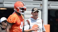 Cleveland Browns pass game coorcinator/wide receivers coach Chad O'Shea with quarterback Deshaun Watson (4) during practice at the Browns training facility