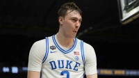 Duke Blue Devils forward Cooper Flagg (2) reacts after a play against the Houston Cougars during the second half in the semifinals of the men's Final Four of the 2025 NCAA Tournament