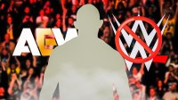 Silhouette of Tommaso Ciampa, background - logos of AEW and WWE