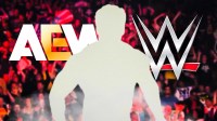 Silhouette of Powerhouse Hobbs; AEW and WWE logo