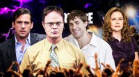 Michael Scott, Dwight Schrute, Jim Halpert, and Pam Beesly from The Office with Fortnite background.
