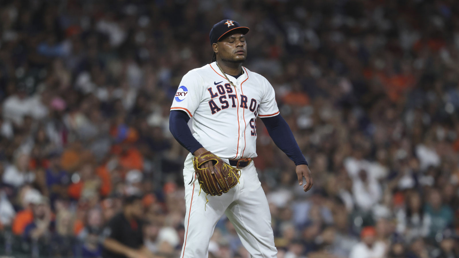 Houston Astros starting pitcher Framber Valdez (59) reacts after a play during the fourth inning against the Seattle Mariners at Daikin Park.