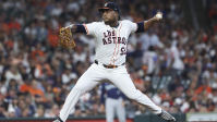 Houston Astros starting pitcher Framber Valdez (59) delivers a. pitch during the first inning against the Seattle Mariners at Daikin Park.