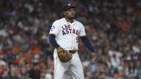 Houston Astros starting pitcher Framber Valdez (59) reacts after a play during the fourth inning against the Seattle Mariners at Daikin Park.