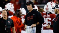 Stanford Cardinal head coach Frank Reich looks on during the second quarter against the California Golden Bears at Stanford Stadium.