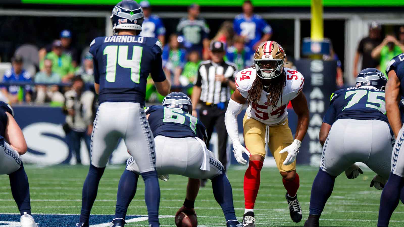 San Francisco 49ers linebacker Fred Warner (54) waits for a snap against the Seattle Seahawks during the second quarter at Lumen Field.