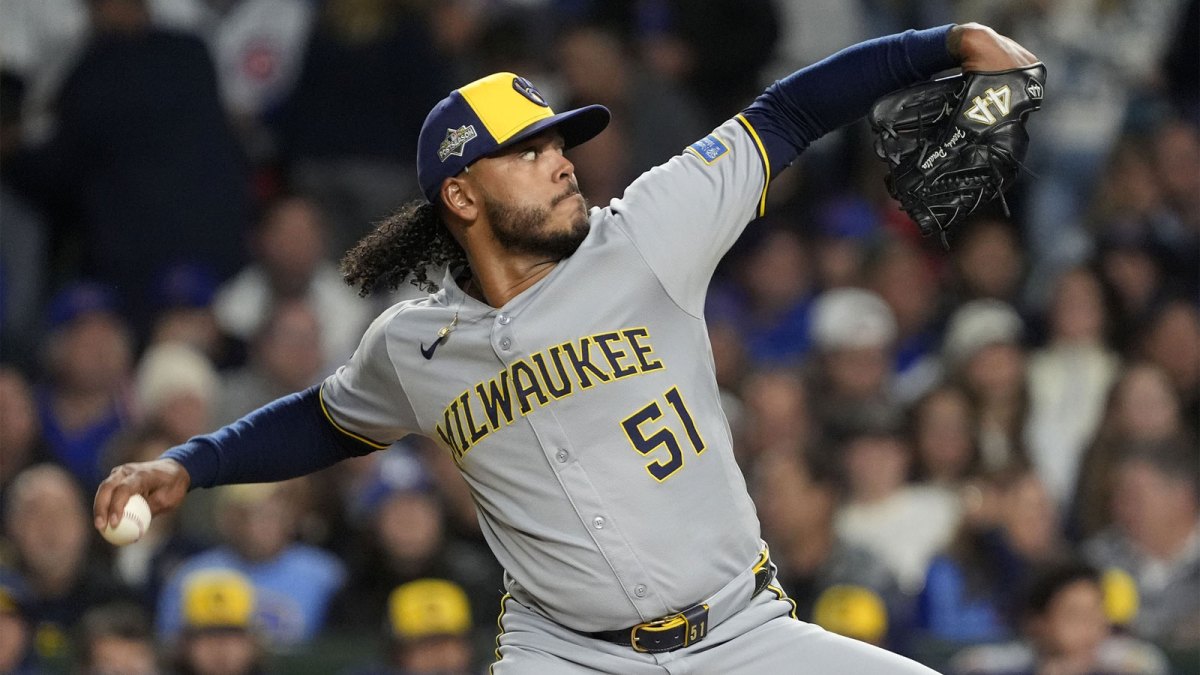 Milwaukee Brewers pitcher Freddy Peralta (51) throws pitch against the Chicago Cubs during the first inning for game four of the NLDS round for the 2025 MLB playoffs at Wrigley Field.