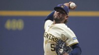 Milwaukee Brewers pitcher Freddy Peralta (51) throws pitch against the Los Angeles Dodgers in the first inning during game two of the NLCS round for the 2025 MLB playoffs at American Family Field.