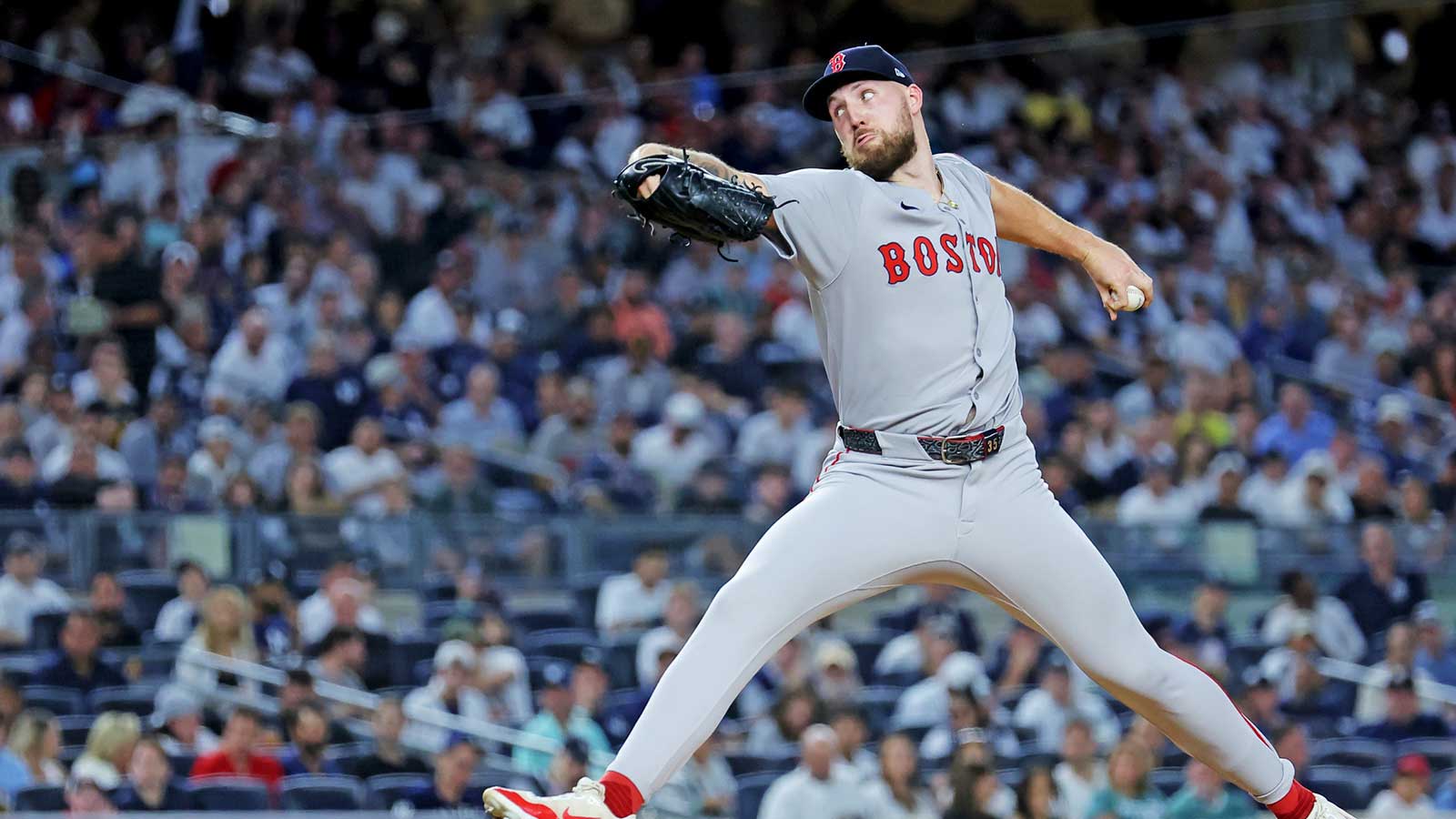 Boston Red Sox pitcher Garrett Crochet (35) throws a pitch during the fourth inning against the New York Yankees during game one of the Wildcard round for the 2025 MLB playoffs at Yankee Stadium. 