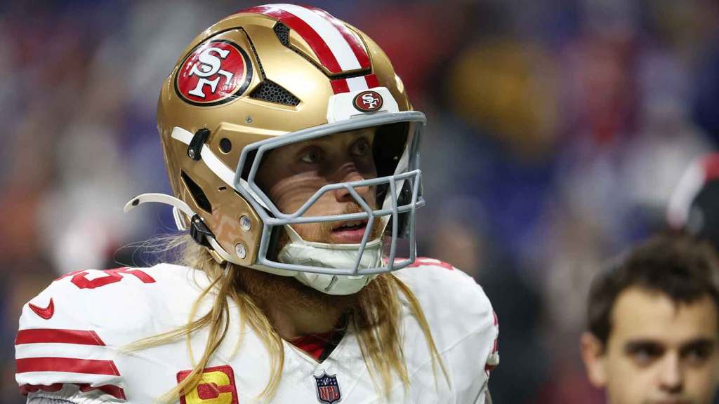 San Francisco 49ers tight end George Kittle (85) looks on during warmups before the game against the Indianapolis Colts at Lucas Oil Stadium.