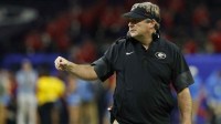 Georgia Bulldogs head coach Kirby Smart gestures from the sidelines against the Mississippi Rebels during the first half during the 2025 Sugar Bowl and quarterfinal game of the College Football Playoff at Caesars Superdome.