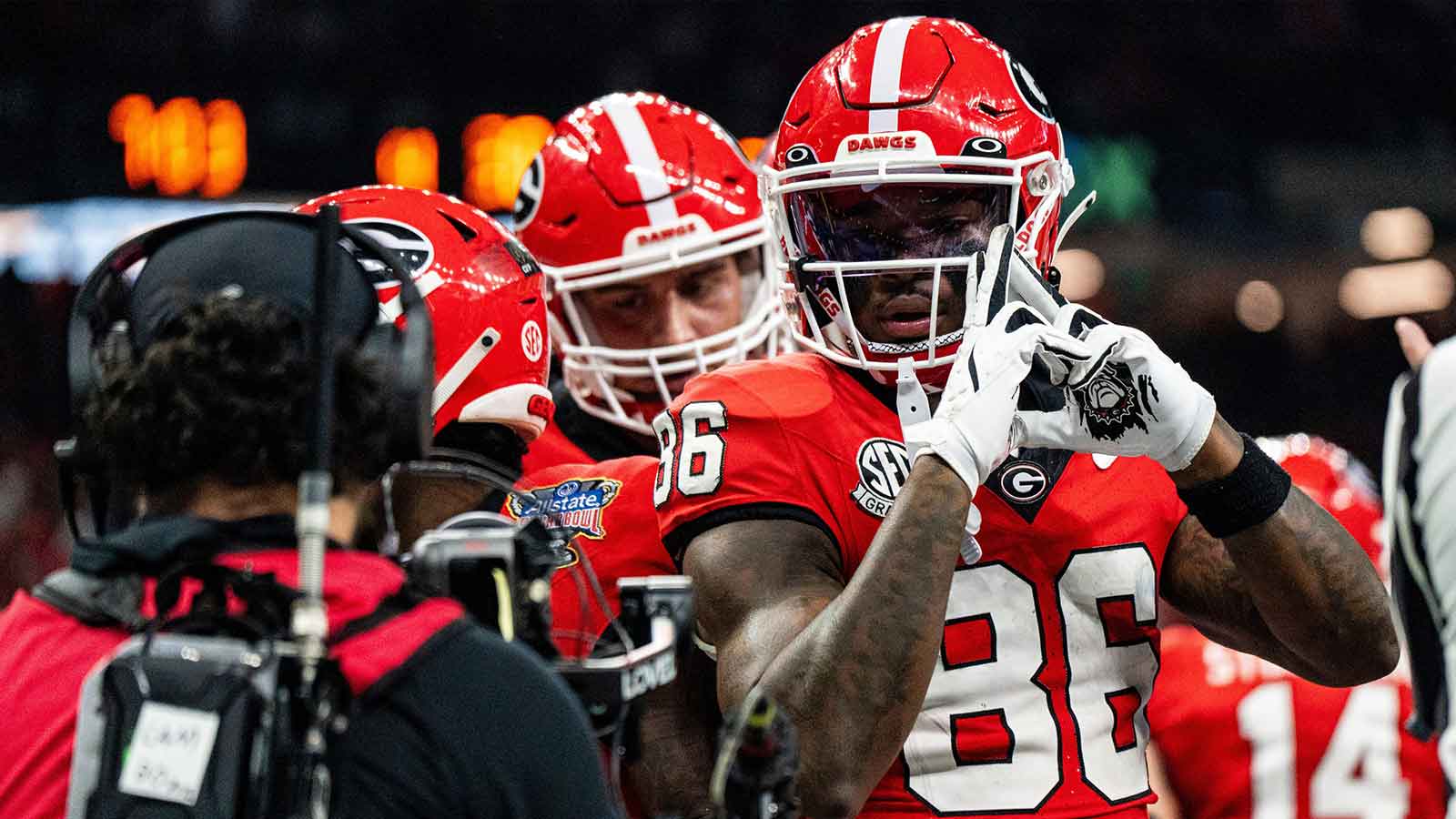 Georgia wide receiver Dillon Bell (86) celebrates after wide receiver Zachariah Branch (1) scored a touchdown during the Sugar Bowl and College Football Playoff quarterfinals at Caesars Superdome in New Orleans, La., on Thursday, Jan. 1, 2026. Ole Miss defeated Georgia 39-34.