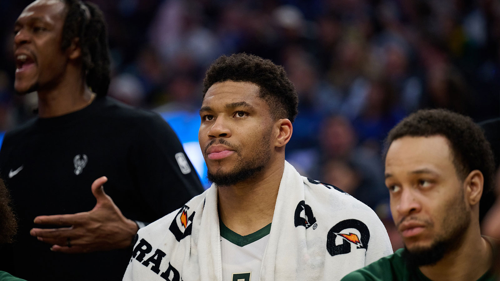 Milwaukee Bucks forward Giannis Antetokounmpo (34) looks on from the bench against the Golden State Warriors during the second quarter at Chase Center.