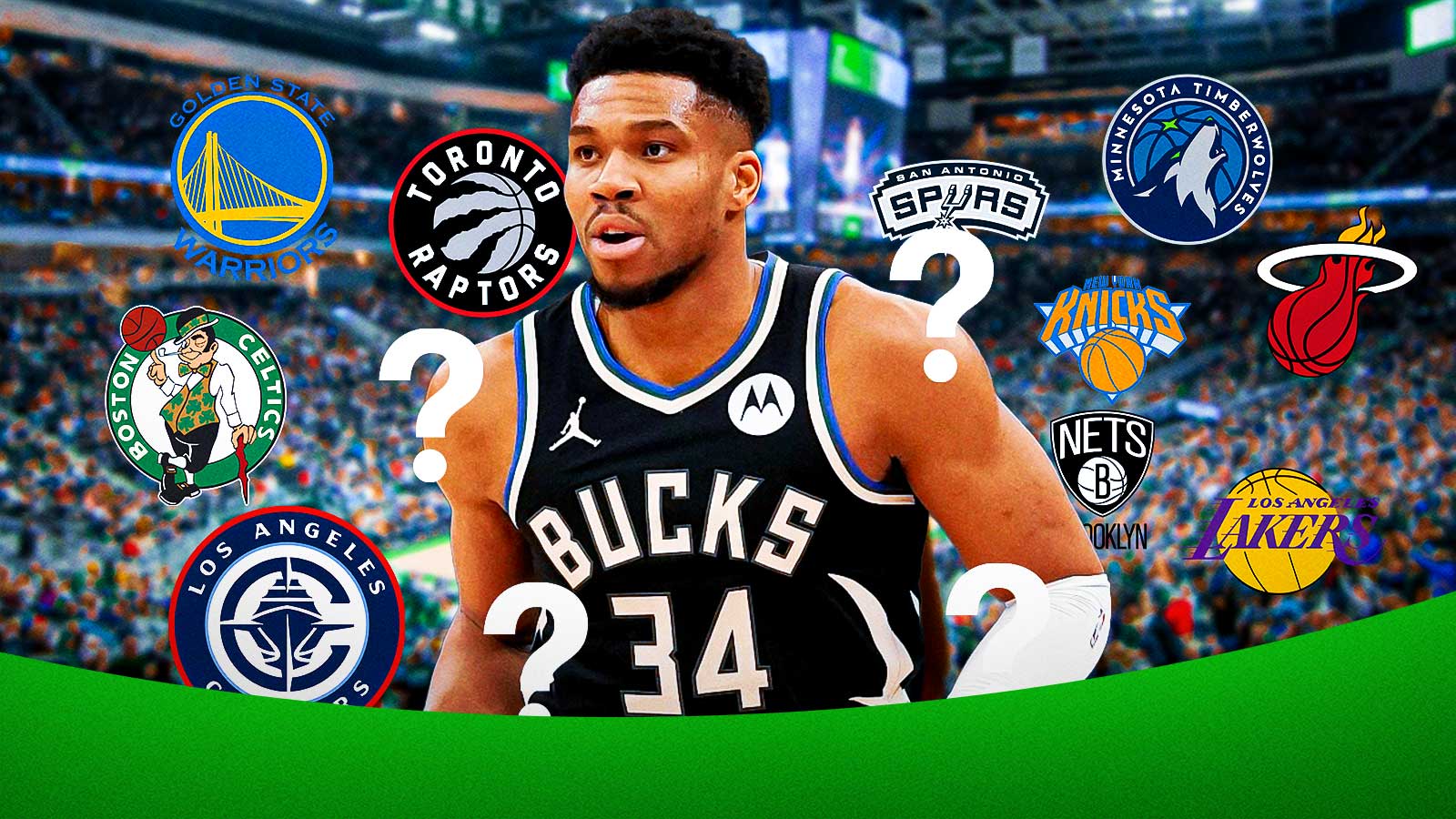 Giannis Antetokounmpo requesting a trade with question marks and team logos around him