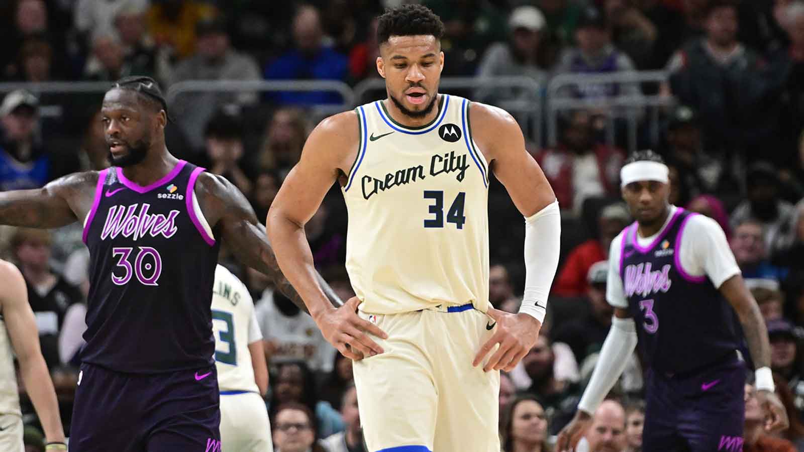 Milwaukee Bucks forward Giannis Antetokounmpo (34) reacts in the second quarter against the Minnesota Timberwolves at Fiserv Forum.