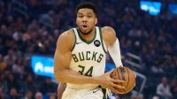 Milwaukee Bucks forward Giannis Antetokounmpo (34) drives to the basket against the Golden State Warriors during the first quarter at Chase Center.