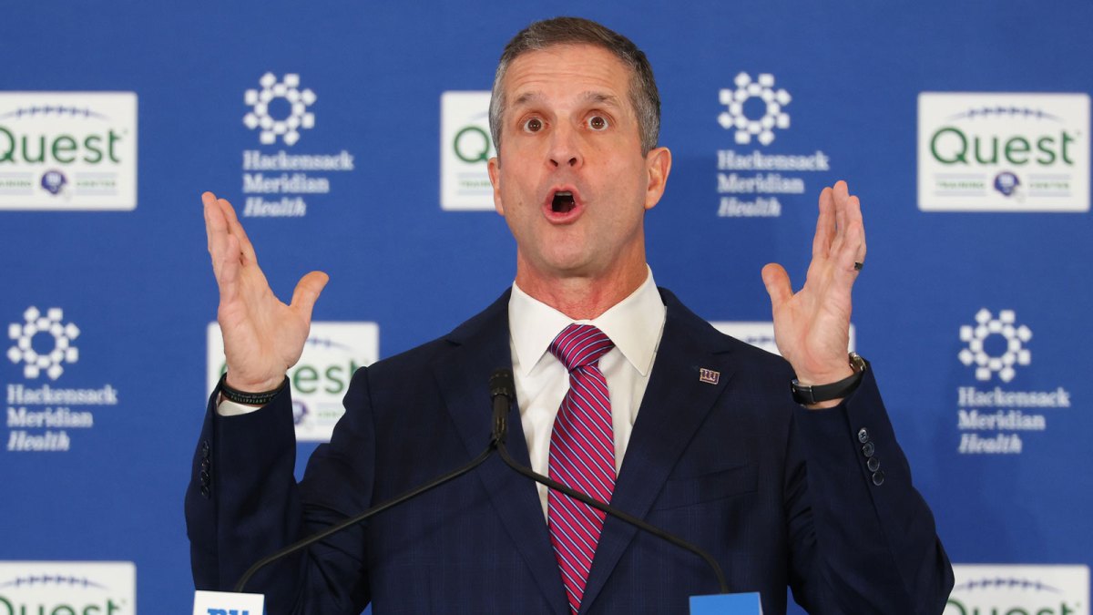 New York Giants head coach John Harbaugh speaks at the press conference announcing his hiring at Quest Diagnostics Training Center.