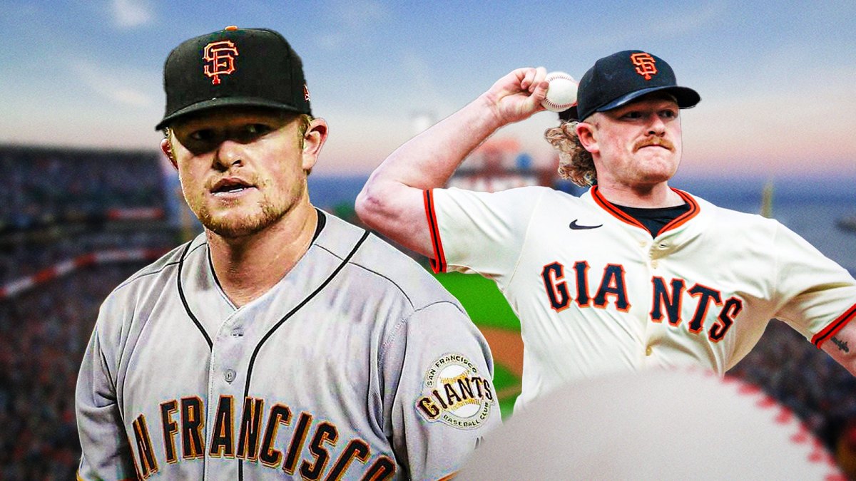 Giants Logan Webb looking serious in front. In background, Giants Logan Webb pitching a baseball at Oracle Park.