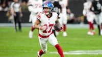 New York Giants wide receiver Wan'Dale Robinson (17) runs with the ball after a catch in the second quarter against the Las Vegas Raiders at Allegiant Stadium.