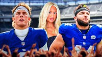 New York Giants quarterback and running back Jaxson Dart and Cam Skattebo with Marissa Ayers in between them.