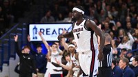 Gonzaga Bulldogs forward Graham Ike (15) celebrates after a play against the Santa Clara Broncos in the second half at McCarthey Athletic Center. Gonzaga Bulldogs won 89-77.