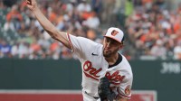Baltimore Orioles starting pitcher Grayson Rodriguez (30) throws a first inning pitch against the Los Angeles Dodgers at Oriole Park at Camden Yards.