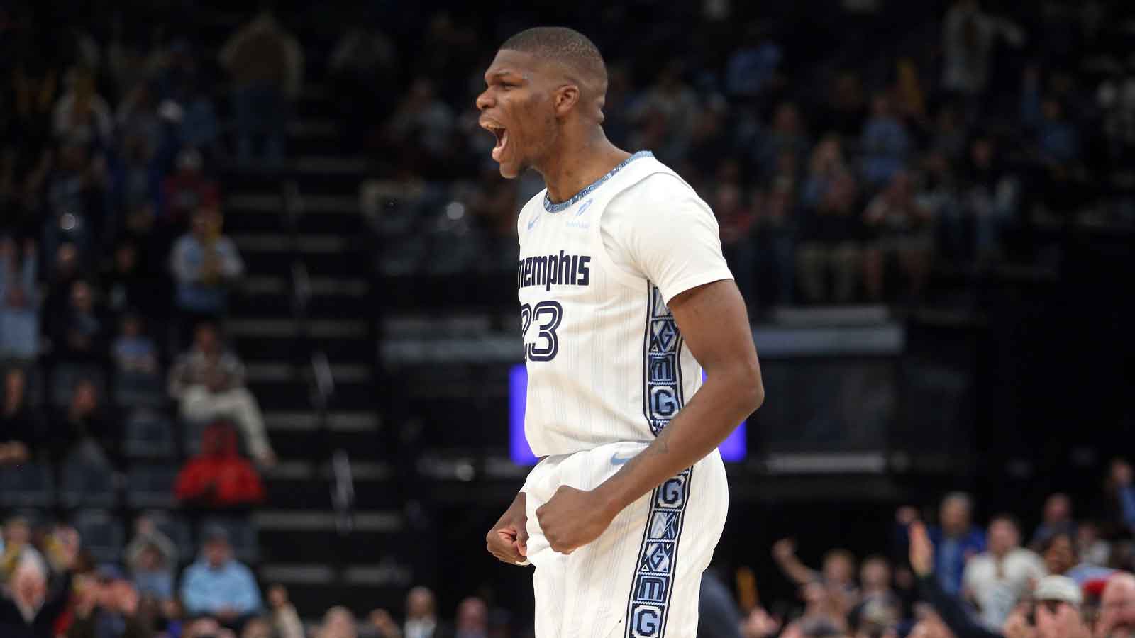 Jan 11, 2026; Memphis, Tennessee, USA; Memphis Grizzlies forward Cedric Coward (23) reacts during the fourth quarter against the Brooklyn Nets at FedExForum.