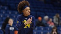 Notre Dame Fighting Irish guard Hannah Hidalgo (3) warms up before the start of the game against the UConn Huskies at Harry A. Gampel Pavilion.