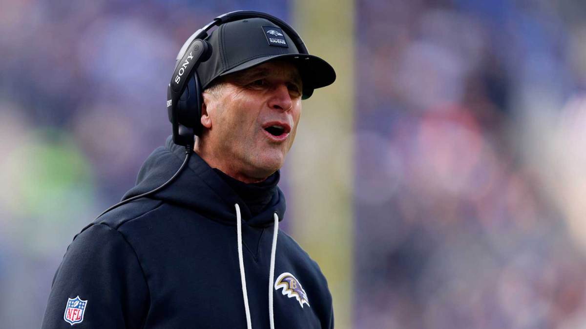 Baltimore Ravens head coach John Harbaugh reacts after a call following a play against the Pittsburgh Steelers during the first half at M&T Bank Stadium.