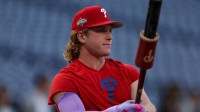 Philadelphia Phillies left fielder Harrison Bader before game one of the NLDS round of the 2025 MLB playoffs against the Los Angeles Dodgers at Citizens Bank Park.