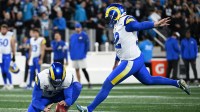 Los Angeles Rams place kicker Harrison Mevis (92) kicks a field goal against the Carolina Panthers in the first half during the NFC Wild Card Round game at Bank of America Stadium.