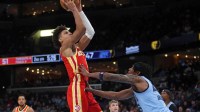 Atlanta Hawks forward Jalen Johnson (1) shoots as Memphis Grizzlies forward GG Jackson II (45) defends during the second quarter at FedExForum.