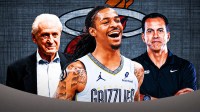 Ja Morant in the middle, Coach Erik Spoelstra and GM Pat Riley around him, Miami Heat wallpaper in the background