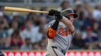 Baltimore Orioles right fielder Heston Kjerstad (13) hits a RBI single against the Minnesota Twins in the fifth inning at Target Field.