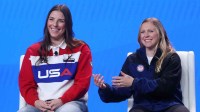 Hilary Knight, Hockey, (left) and Kendall Coyne Schofield, Hockey, speak to the media during the U.S. Olympic Team Media Summit in preparation for the 2026 Milan Olympic Winter Games at Javits Center.