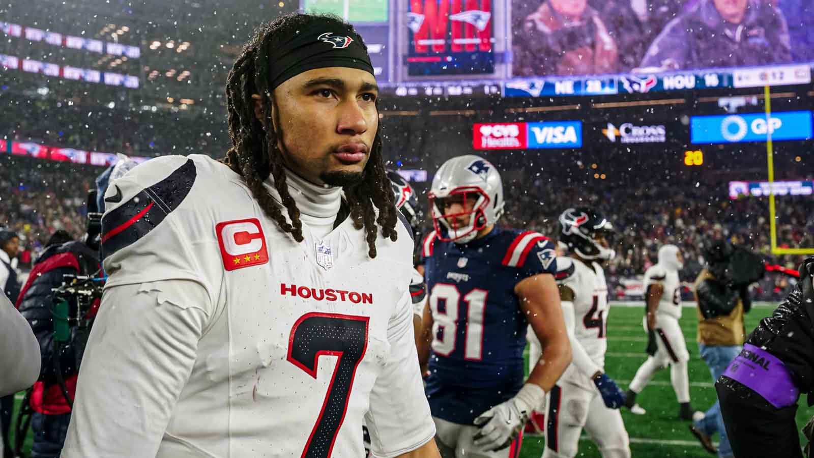 Houston Texans quarterback C.J. Stroud (7) after the game against the New England Patriots in an AFC Divisional Round game at Gillette Stadium.